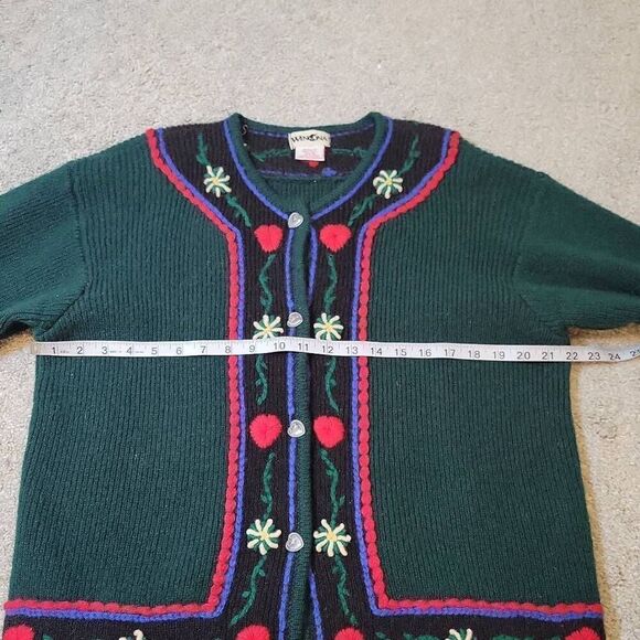 VINTAGE WINONA HAND EMBROIDERED WOOL CARDIGAN SIZE M GREEN RED - Picture 4 of 6